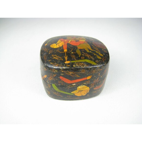 Vintage Kashmir Paper Mache Box Hand Painted Trinket Box Archer Horse - Picture 8 of 14